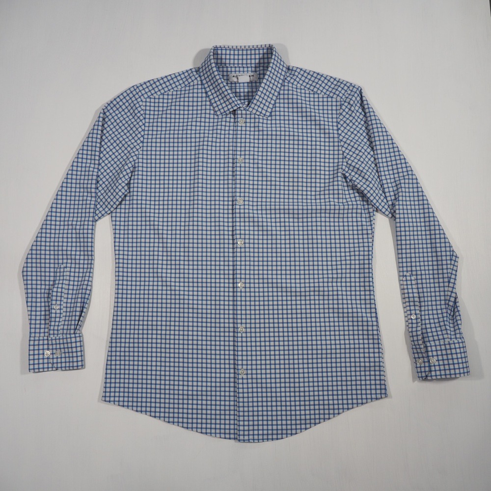 Mizzen+Main Mens XL Trim Fit Performance Dress Shirt Blue Orange Check Plaid